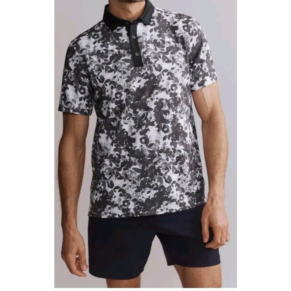 NWOT RHONE Floral Performance Golf Polo Shirt Top Men's Large Black White UPF 50